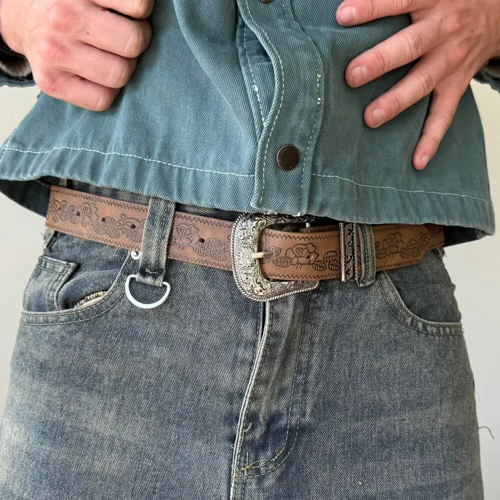 Y2K Brown Leather Belt Silver Buckle Adjustable Unisex Vintage New